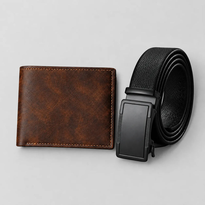 One black ratchet belt and one bifold wallet side by side