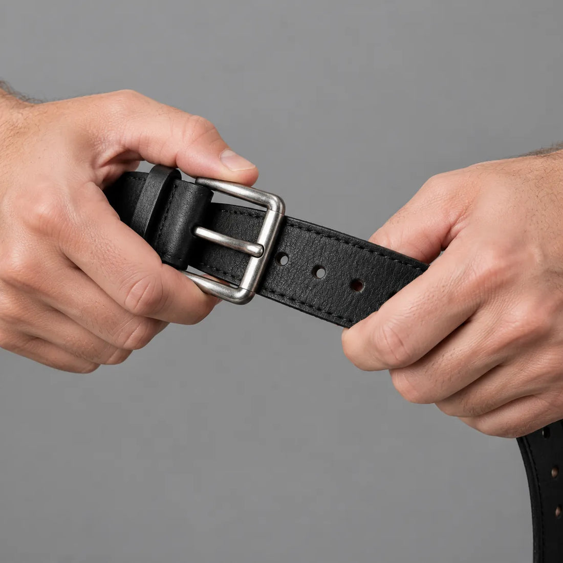 Hands adjusting an ordinary belt with punched holes and a prong buckle