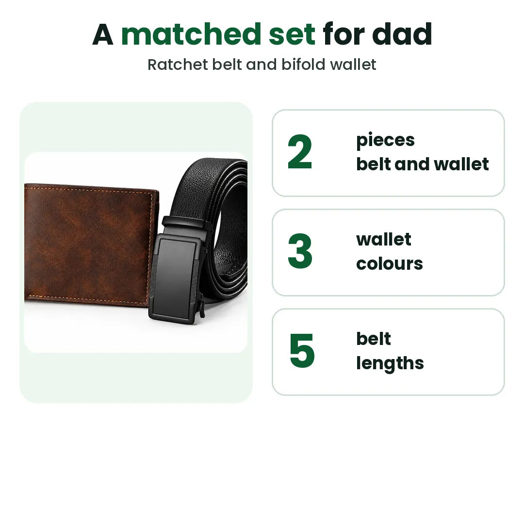 A matched belt and wallet set for dad: 2 pieces, 3 wallet colours, 5 belt lengths