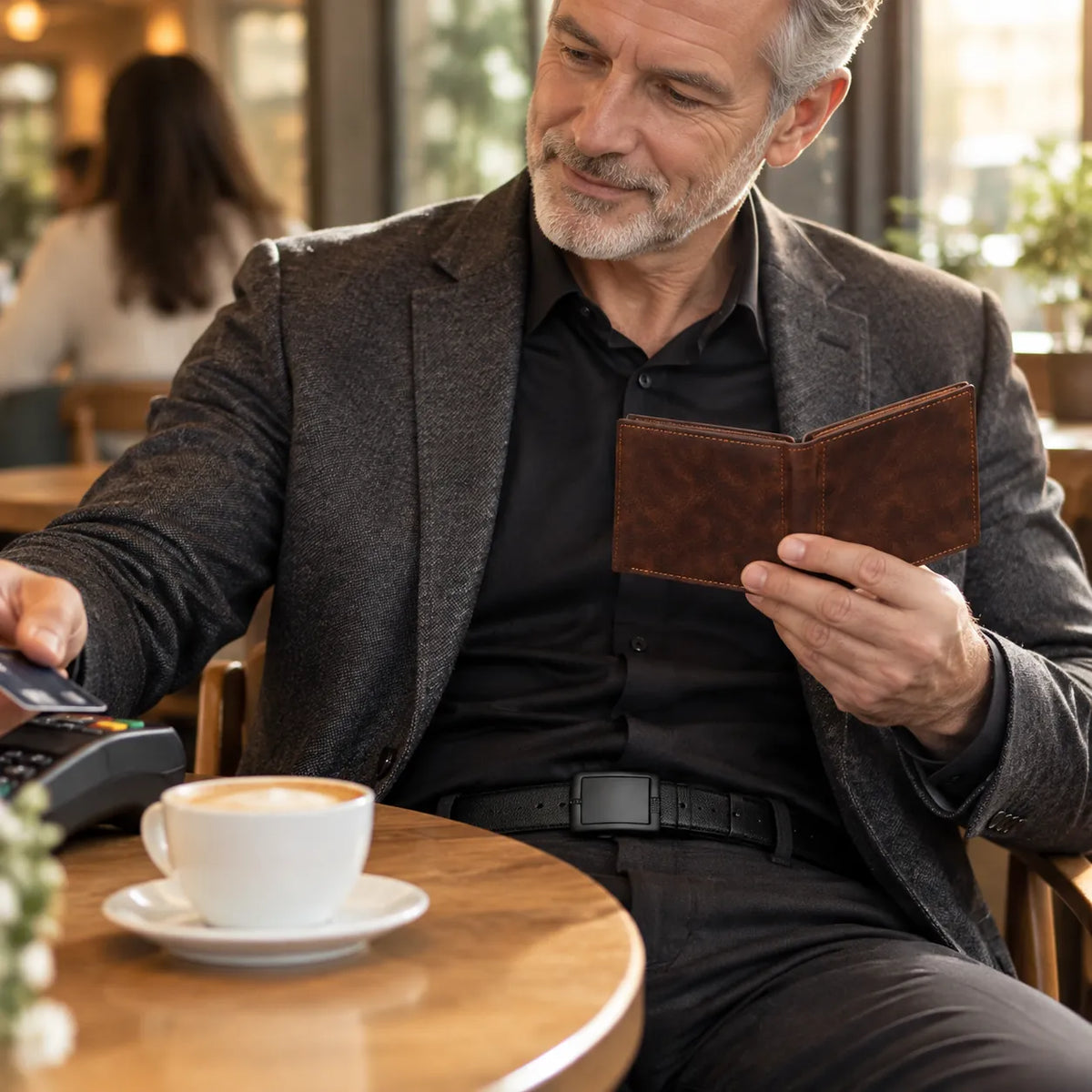 Older man paying at a cafe table, holding a dark brown wallet, black belt at his waist