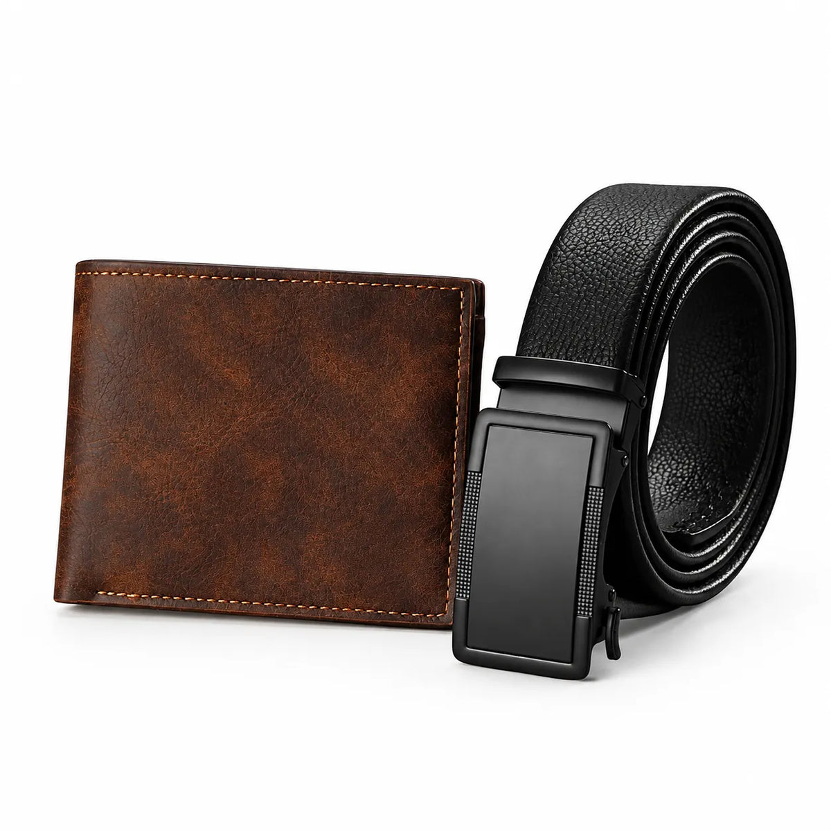 Dark brown bifold wallet and black ratchet belt on white, a men's gift set for dad