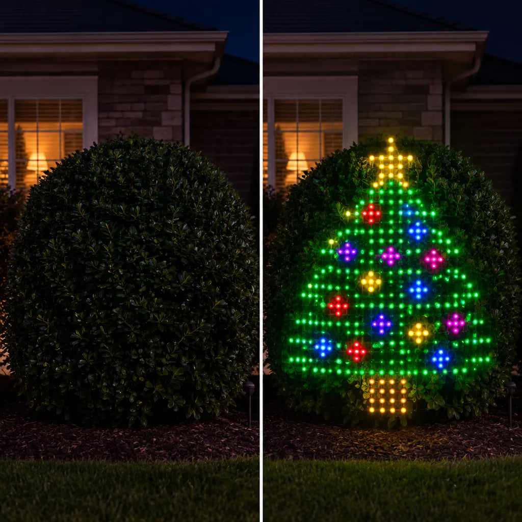 El mismo arbusto antes y después de la red de luces LED