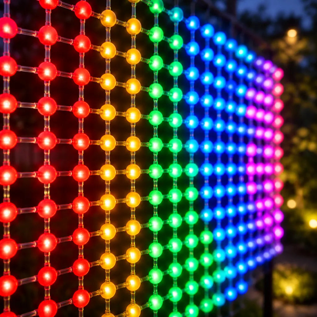 Acercamiento a las luces de colores de la red LED plegable