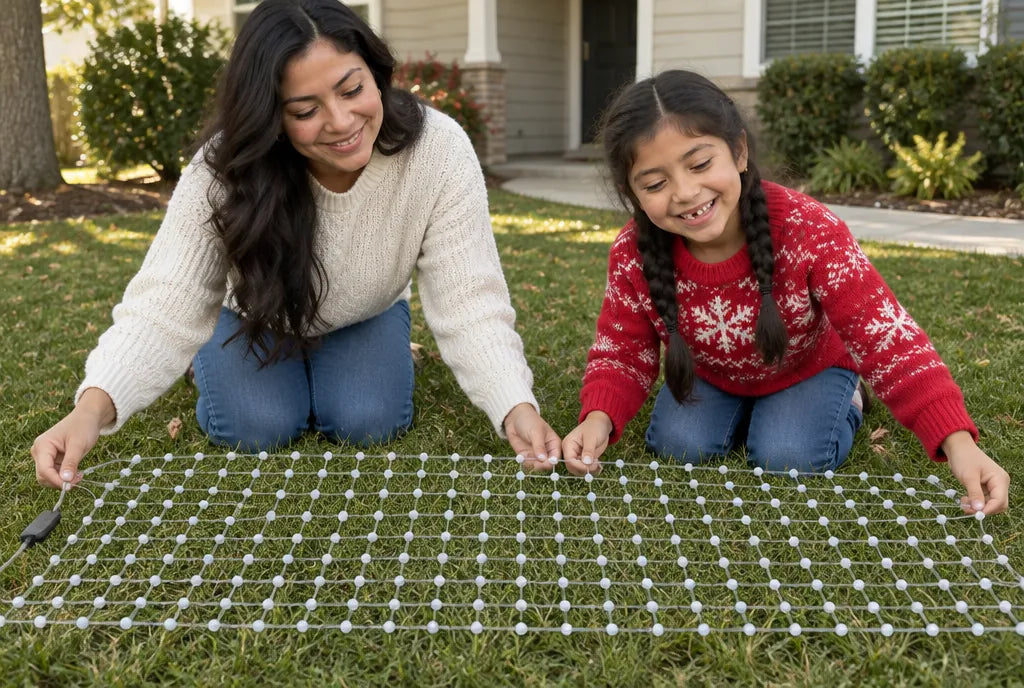 Mom and daughter opening the foldable LED net flat on the lawn