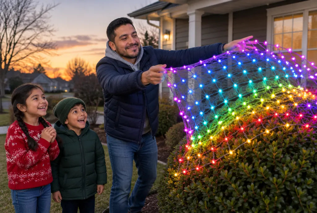 Papá poniendo la red LED sobre un arbusto mientras los niños miran