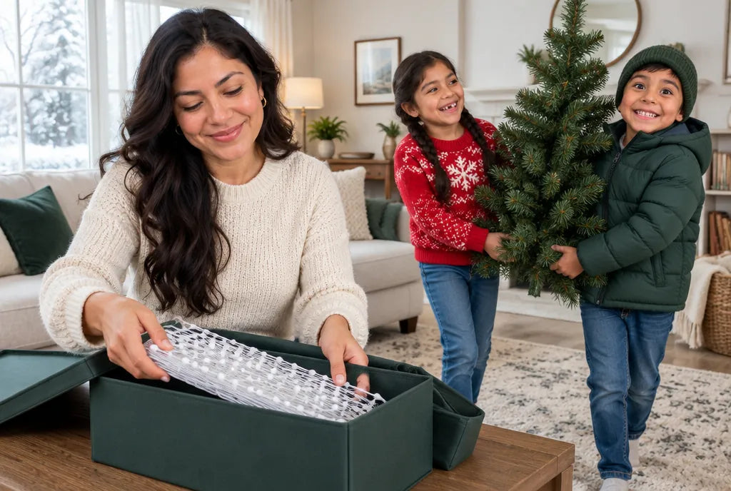 Mamá doblando la red LED para guardarla en su caja