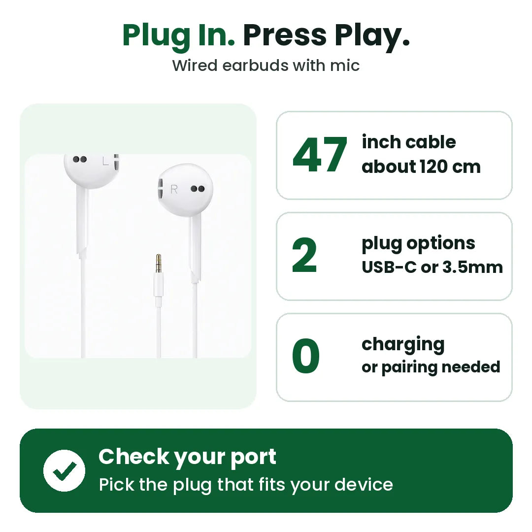 Wired earbuds with mic: 47 inch cable, USB-C or 3.5mm plug, no charging needed