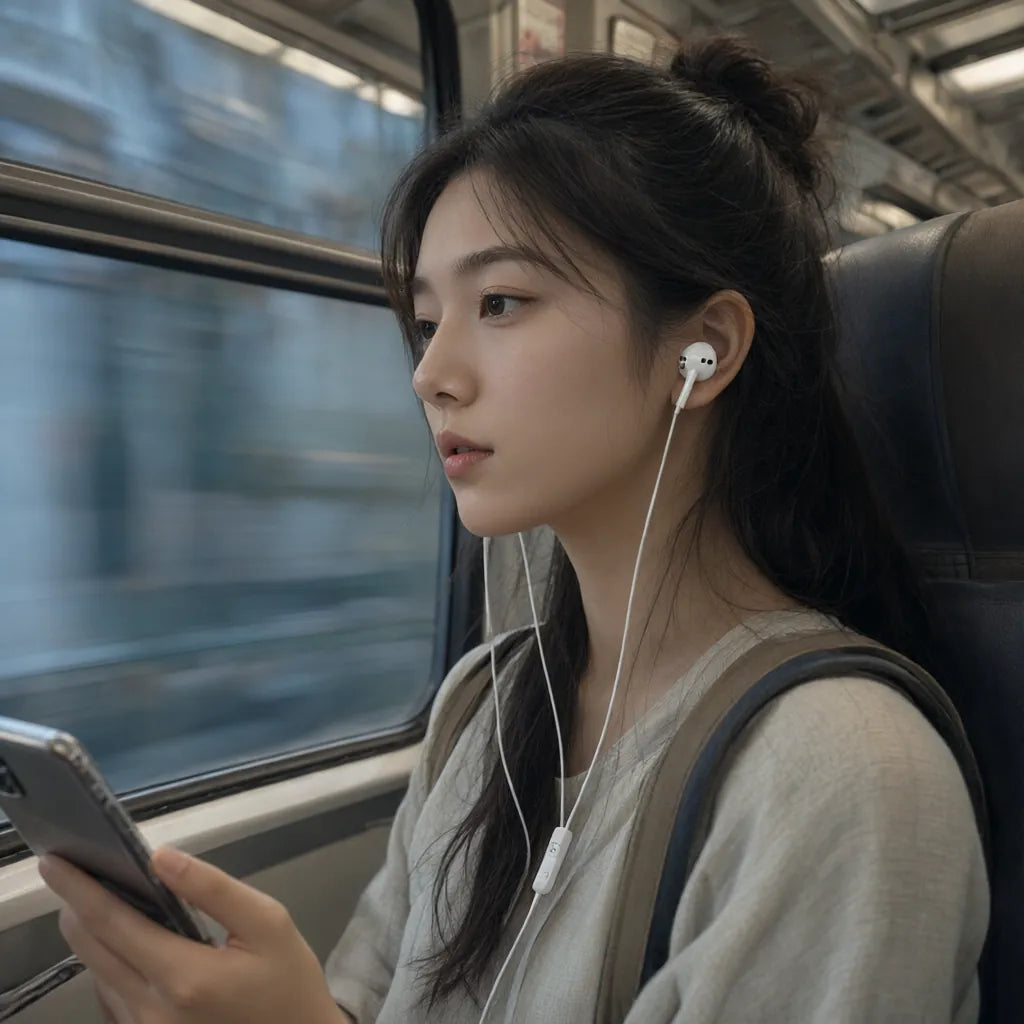 Woman listening to music with wired earbuds on a train, phone in hand