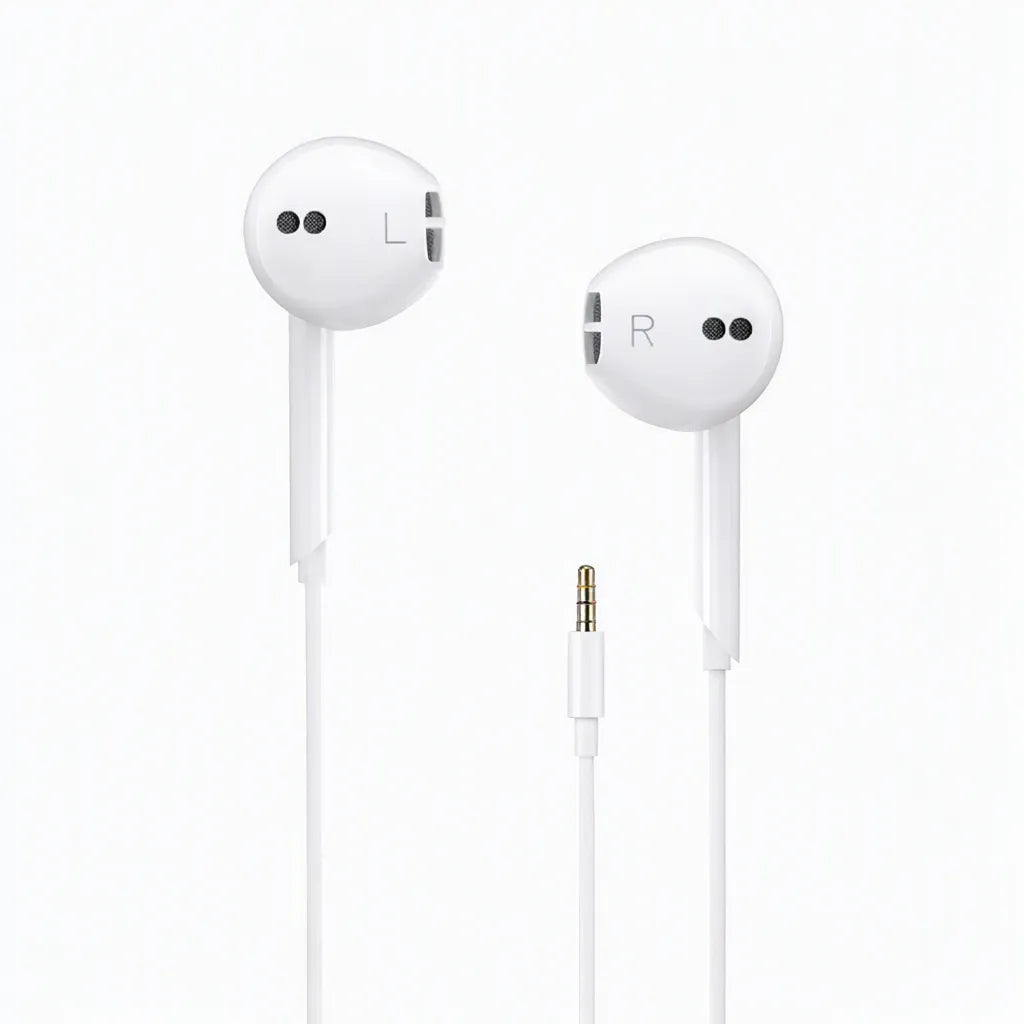 Pair of white wired earbuds with cable and 3.5mm plug on a white background