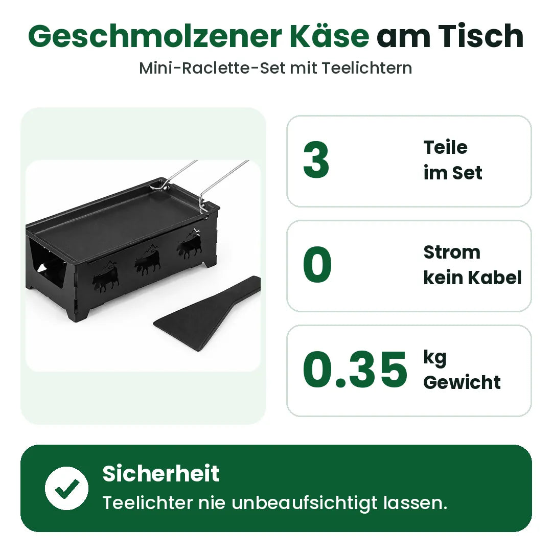 Mini Raclette Set mit drei Teilen, ohne Stromkabel und leicht, mit Teelichtern beheizt
