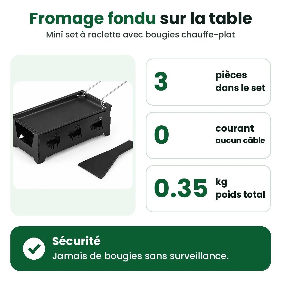 Mini set à raclette en trois pièces, sans câble et léger, chauffé aux bougies chauffe-plat