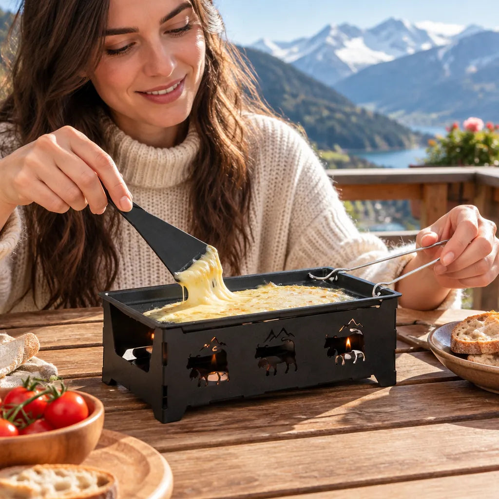 Woman using a mini raclette cheese melter set on a balcony table with a mountain view