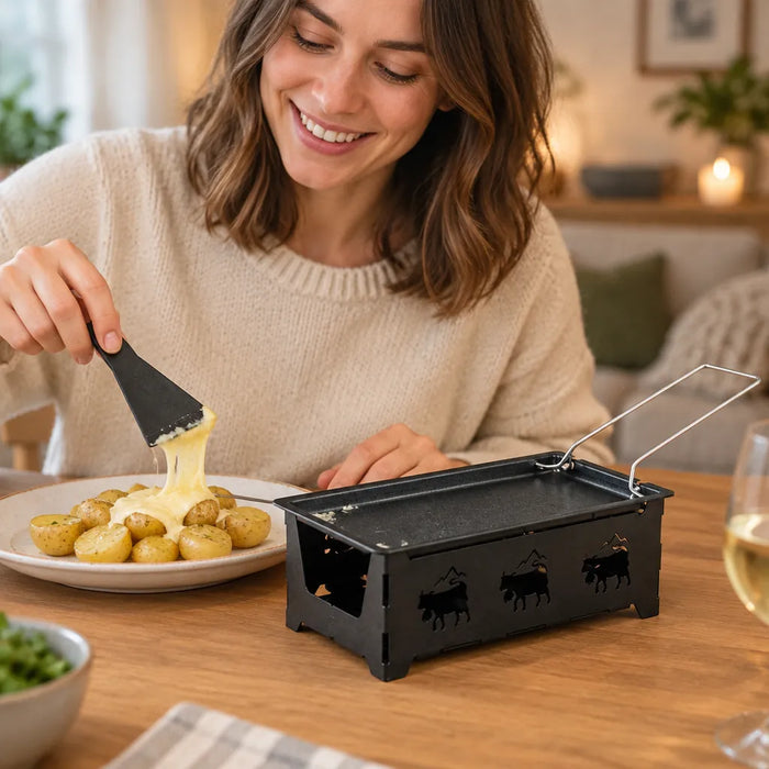 Lächelnde Frau streift geschmolzenen Raclettekäse auf Pellkartoffeln, daneben das Mini Raclette Set