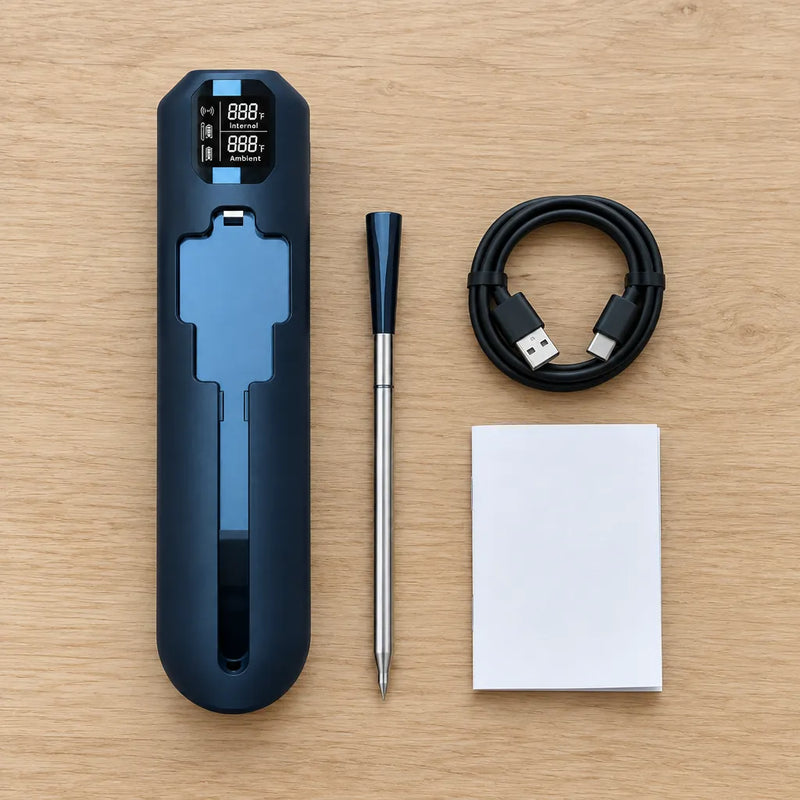 Booster des kabellosen Fleischthermometers, Fühler, USB-Kabel und Anleitung auf einem Holztisch