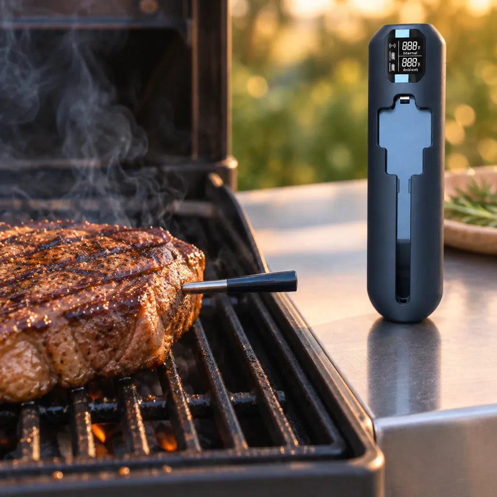 Bluetooth meat thermometer probe in a thick steak on a hot grill, booster on the side shelf