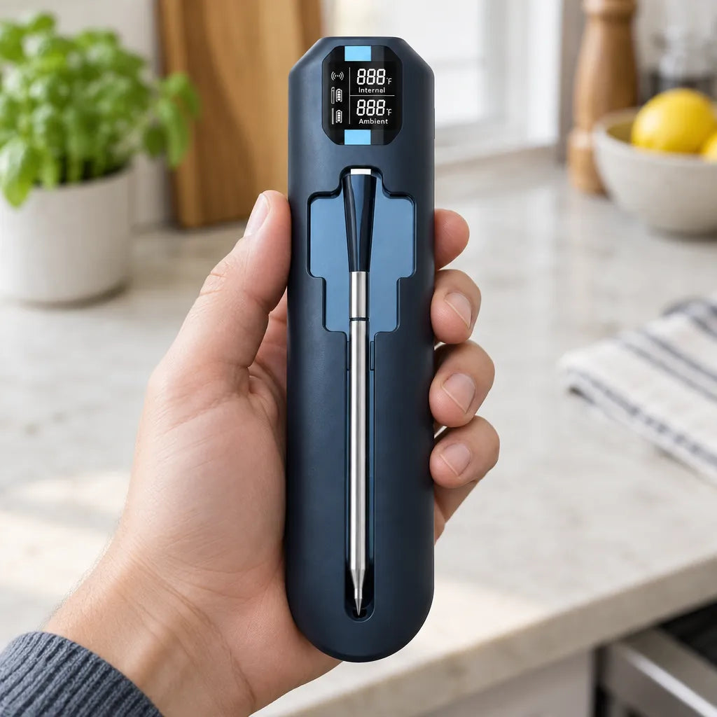 Hand holding the digital meat thermometer booster with the probe stored in its slot