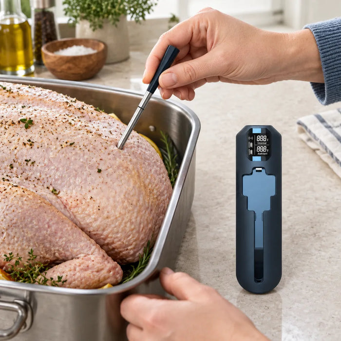 Hände stecken den Kernthermometer-Fühler vor dem Braten in eine rohe Truthahnbrust