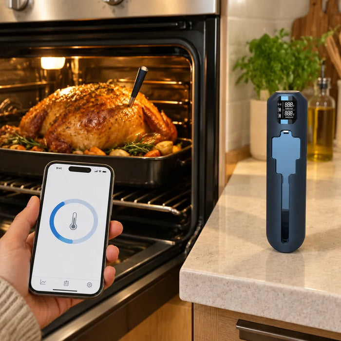 Handy-App zeigt die Temperatur, während der Truthahn mit Fleischthermometer mit App gart