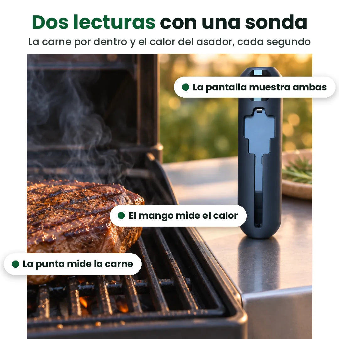 Cómo funciona el termómetro inalámbrico para carne: la punta mide la carne y el mango el calor