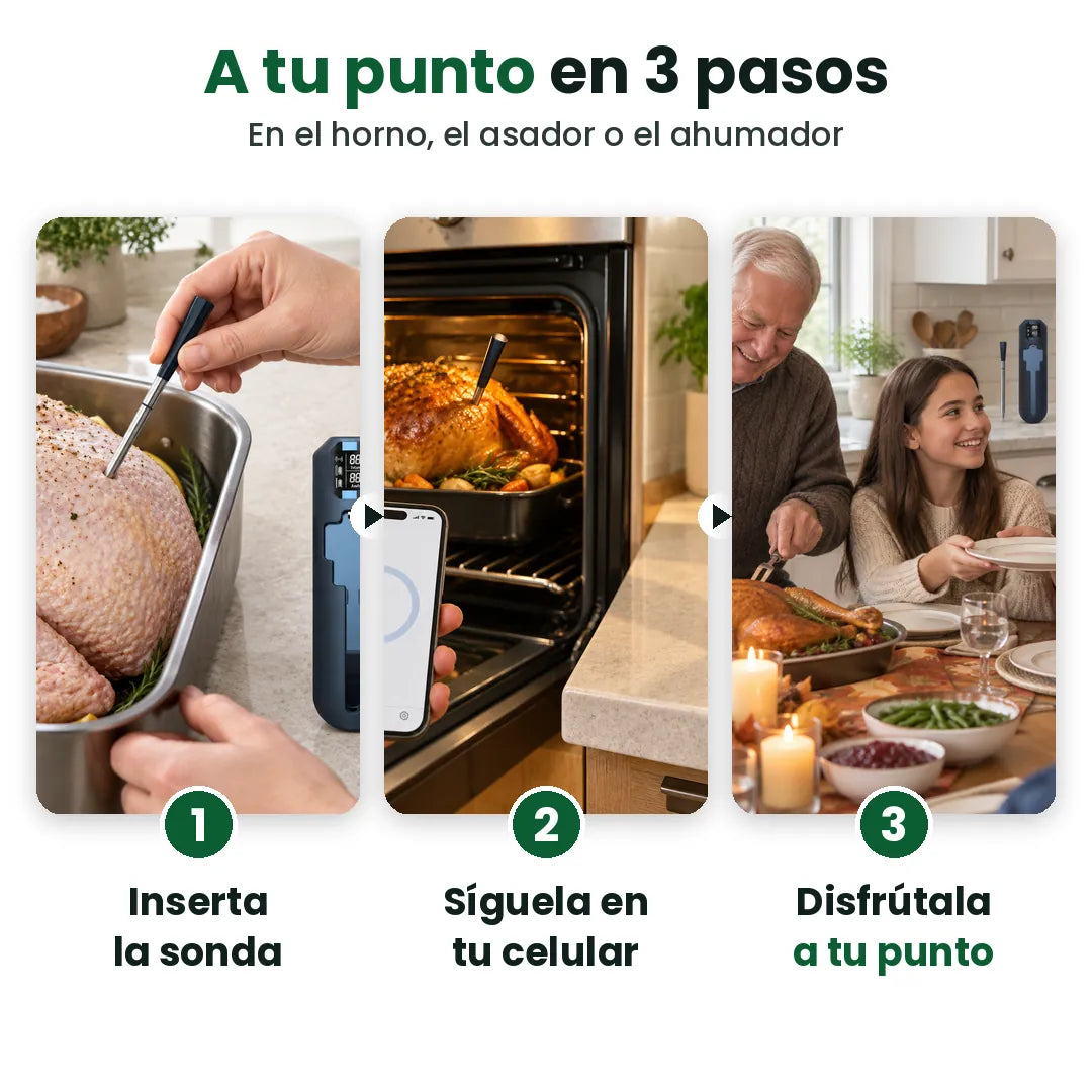 Tres pasos con el termómetro para carne: inserta la sonda, síguela en tu celular y sirve
