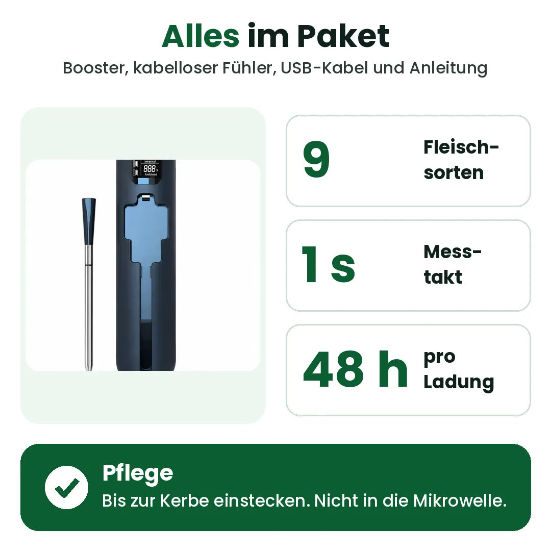 Lieferumfang Fleischthermometer mit App: Booster, Fühler, 9 Fleischsorten, 48 h pro Ladung
