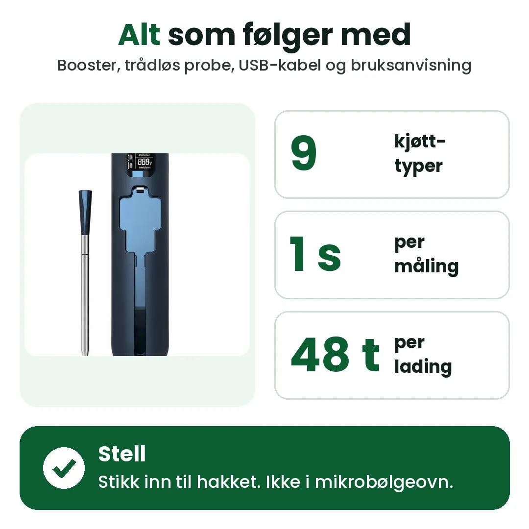 Dette følger med steketermometeret: booster, probe, 9 kjøtttyper, 48 timer per lading