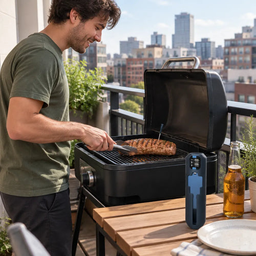 Junger Mann grillt Schweinsfilet auf dem Balkon mit einem kabellosen Grillthermometer