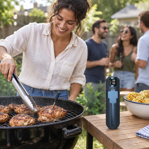 Frau grillt Poulet auf dem Holzkohlegrill mit dem Fühler des Grillthermometers im Fleisch