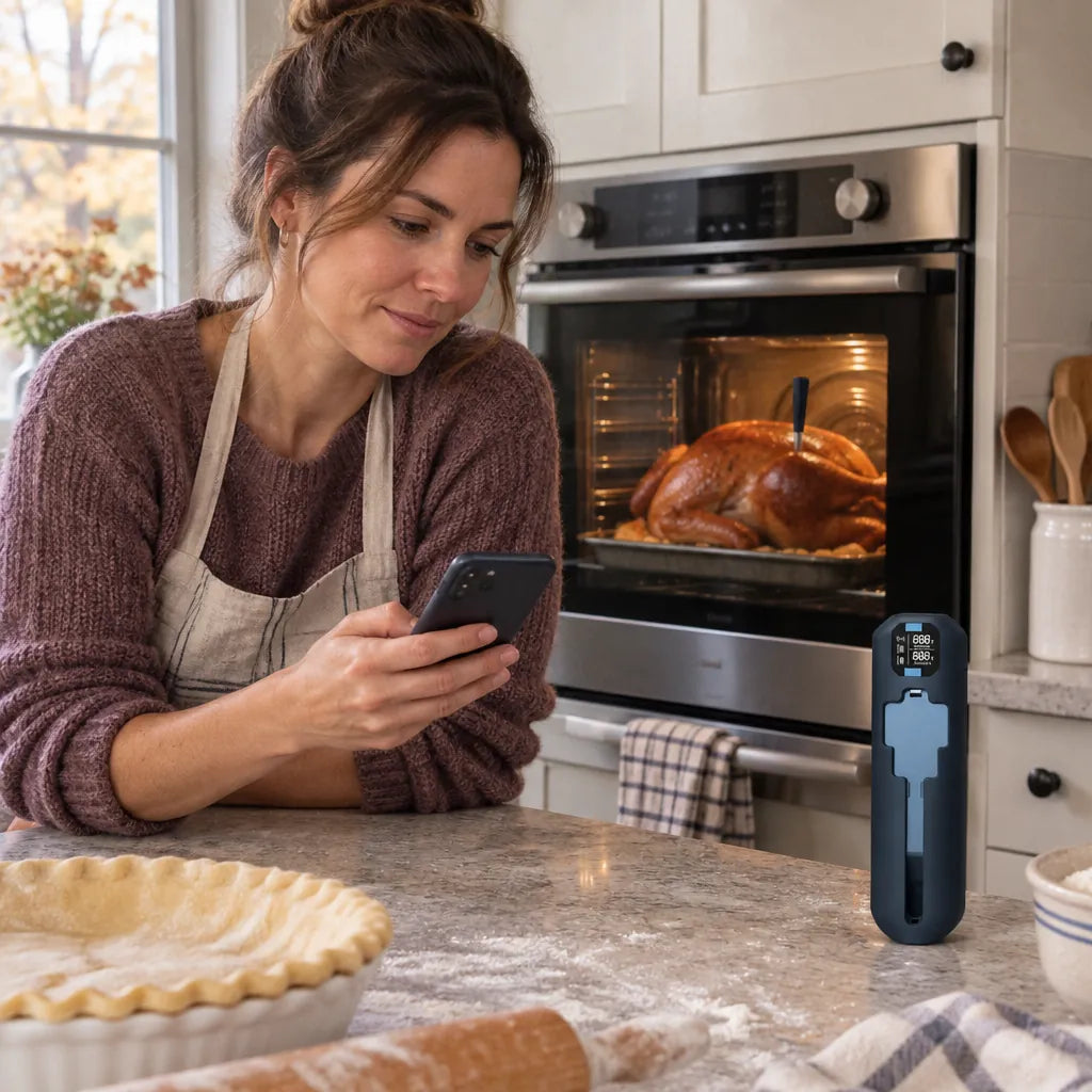 Woman checking her phone while a turkey roasts with a meat thermometer for turkey inside