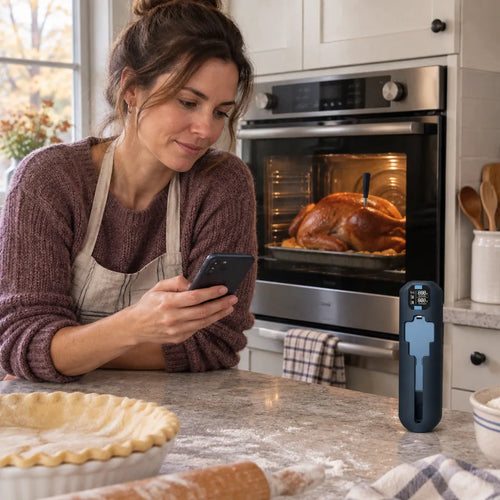 Frau schaut aufs Handy, während der Truthahn mit Bratenthermometer im Ofen gart