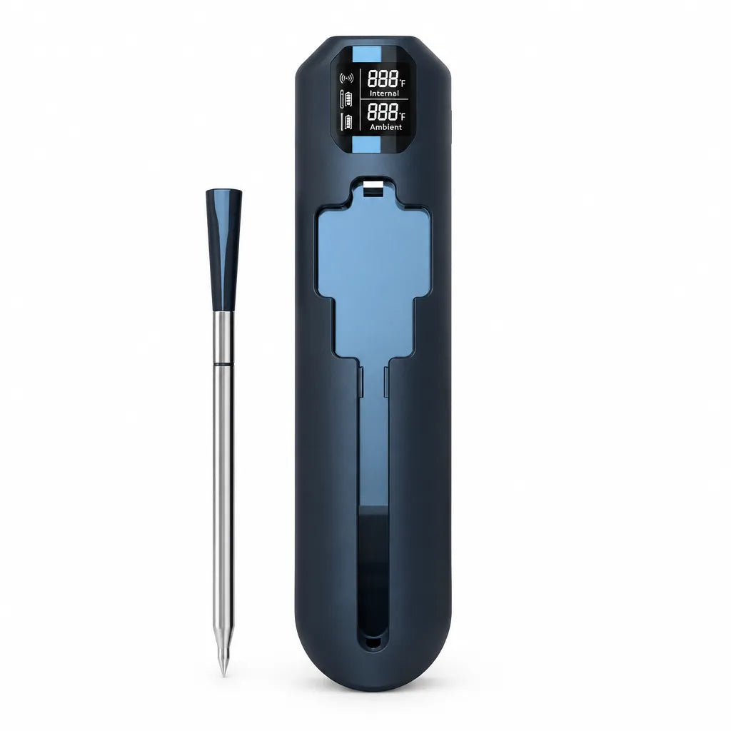 Wireless meat thermometer: display booster and slim meat probe on a white background