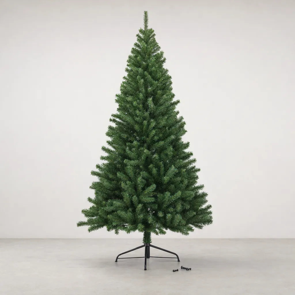 Unlit green artificial Christmas tree assembled on its black metal stand with spare screws beside it