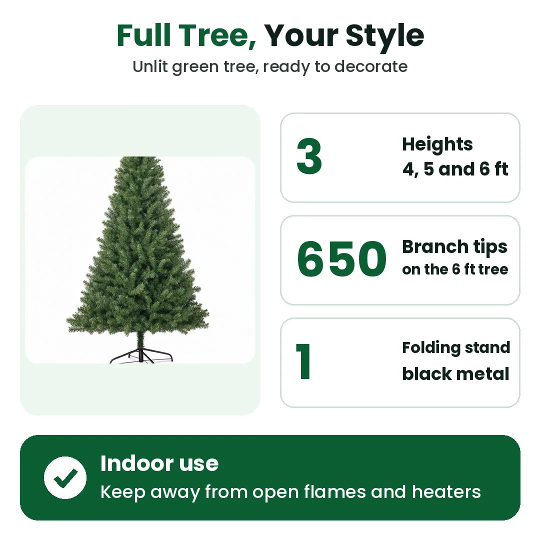 Green artificial Christmas tree sizes 4, 5 and 6 ft with folding metal stand