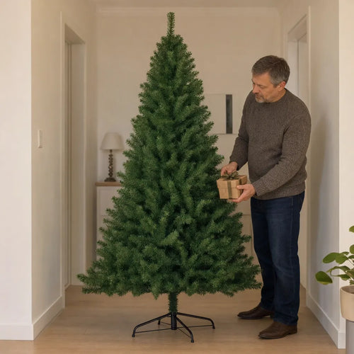 Man placing a gift beside a green artificial Christmas tree in a home hallway