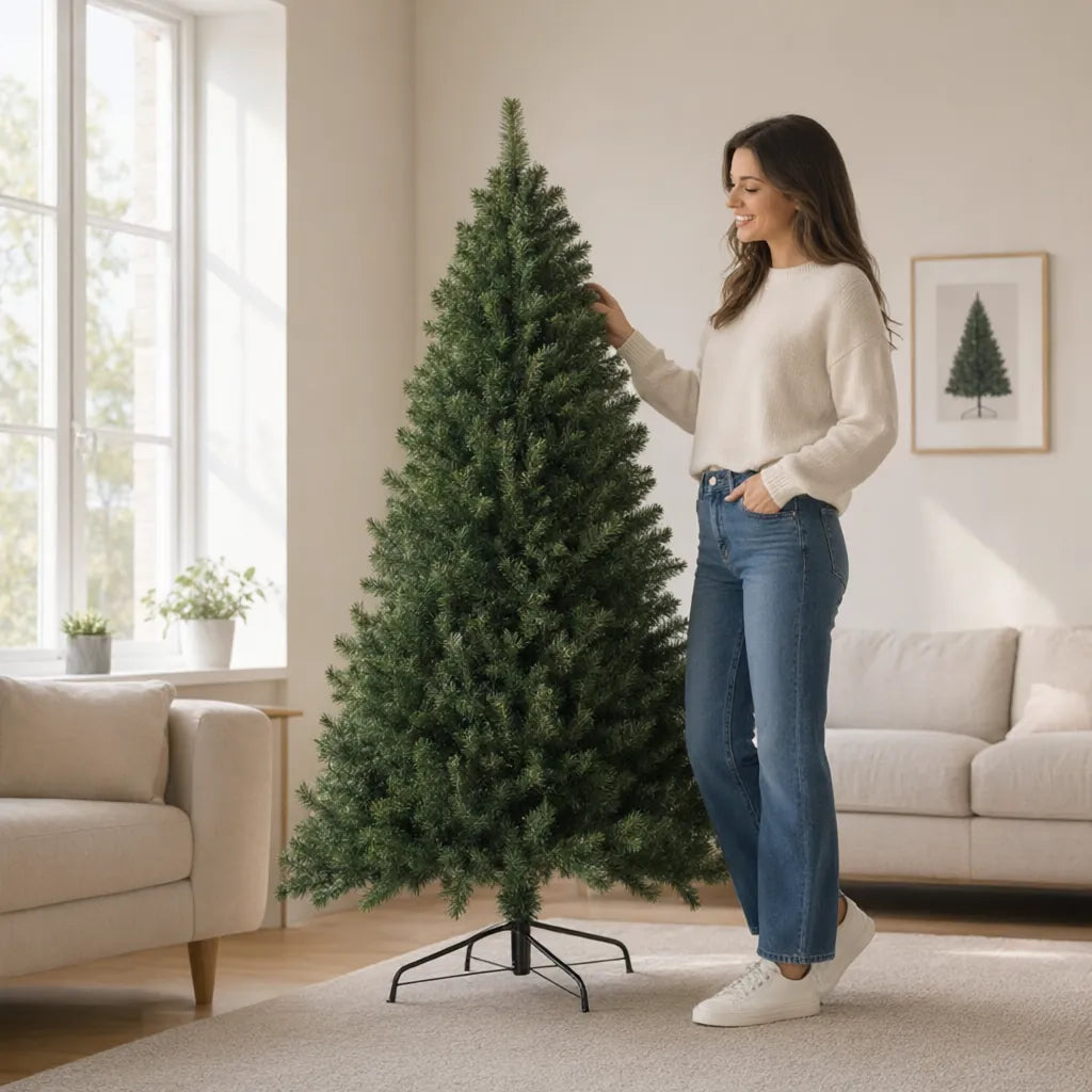 Woman beside a 6ft green artificial Christmas tree in a living room before decorating