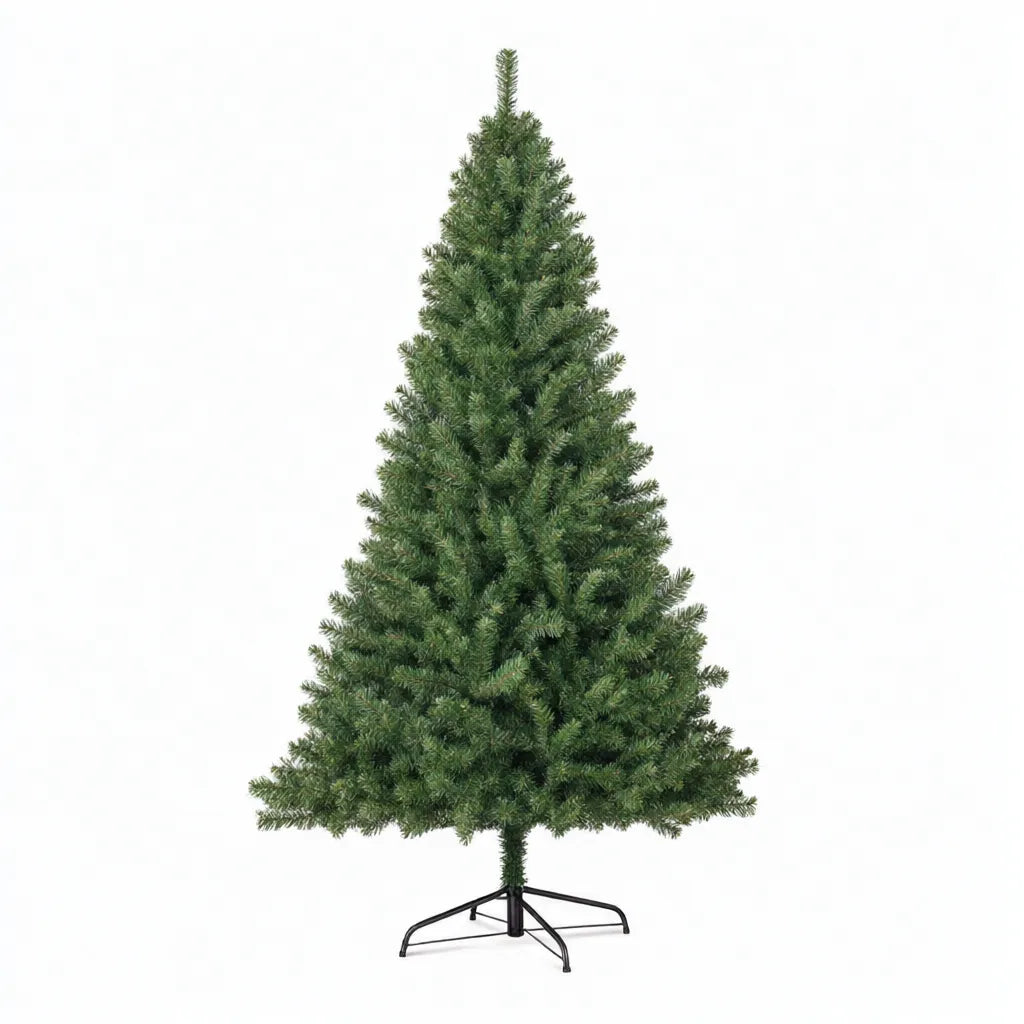 Green artificial Christmas tree on a black folding metal stand, white background