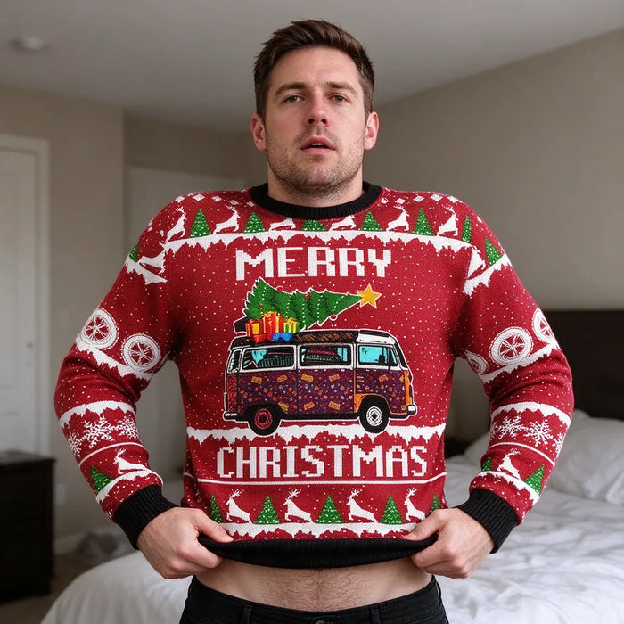 Man pulling on a red christmas jumper for him in a bedroom