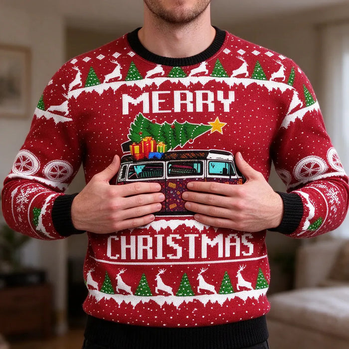 Man smoothing the front of a red mens xmas jumper at home