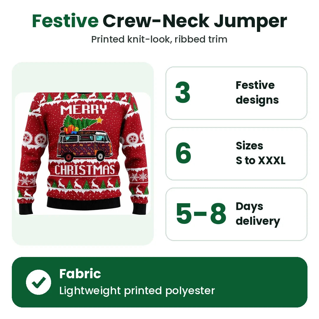 Mens christmas jumper with three designs, six sizes and delivery times