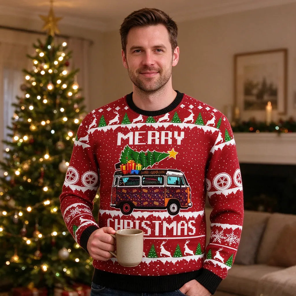 Man in a red mens christmas jumper holding a mug by the Christmas tree