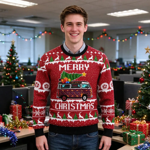 Young man in a red xmas jumper at an office Christmas party