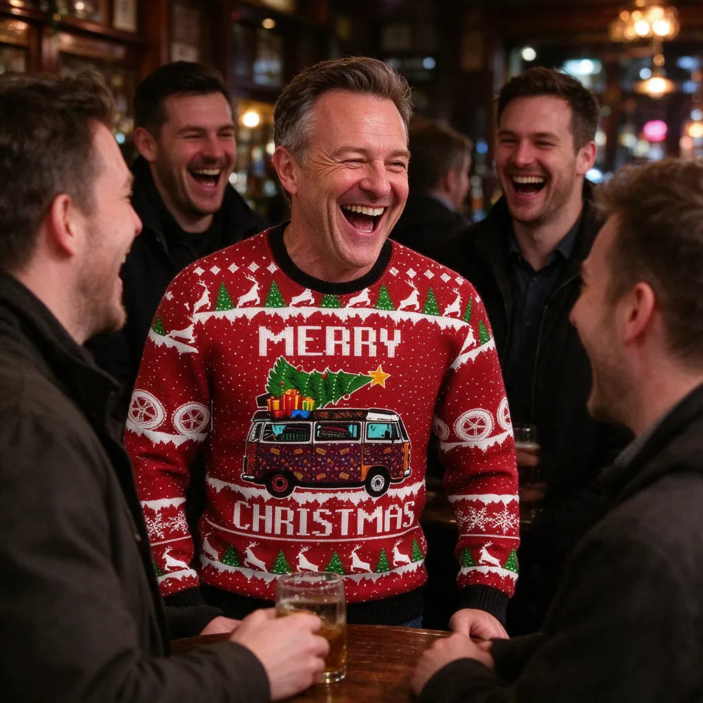 Man laughing with friends in a red funny christmas jumper at a pub