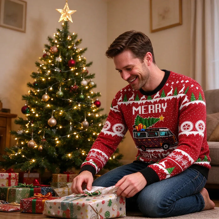 Smiling man in a red christmas jumper unwrapping a gift by the tree