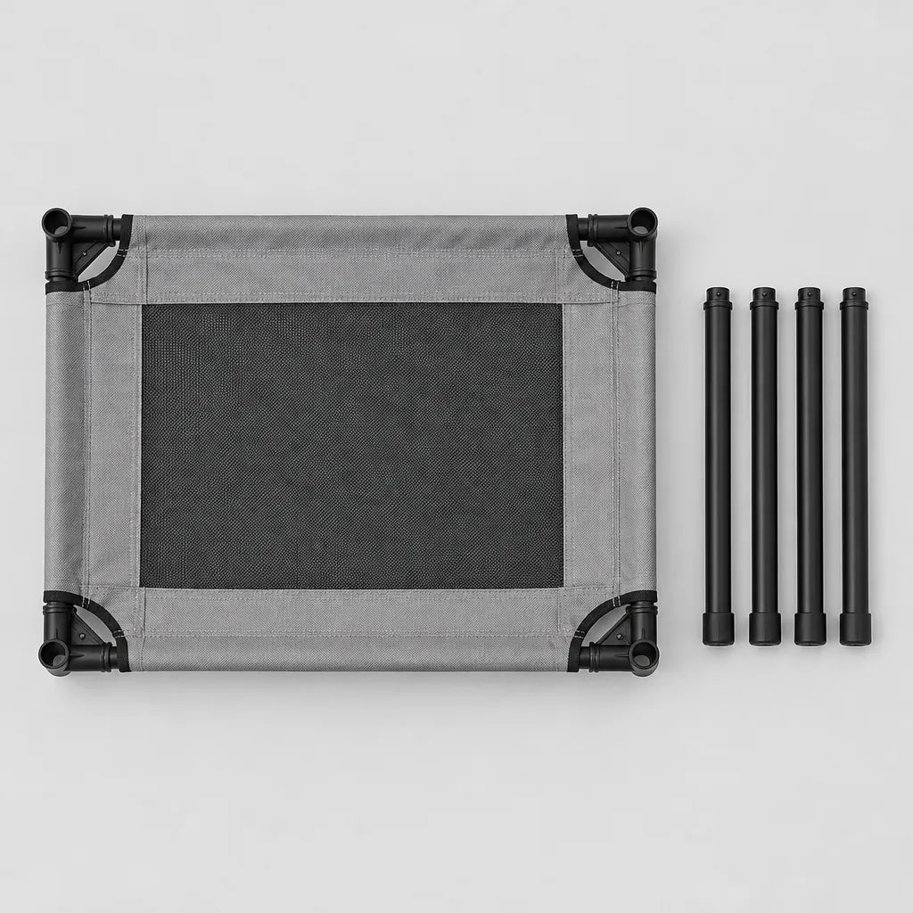 Raised dog bed fabric with frame and four separate black legs laid flat