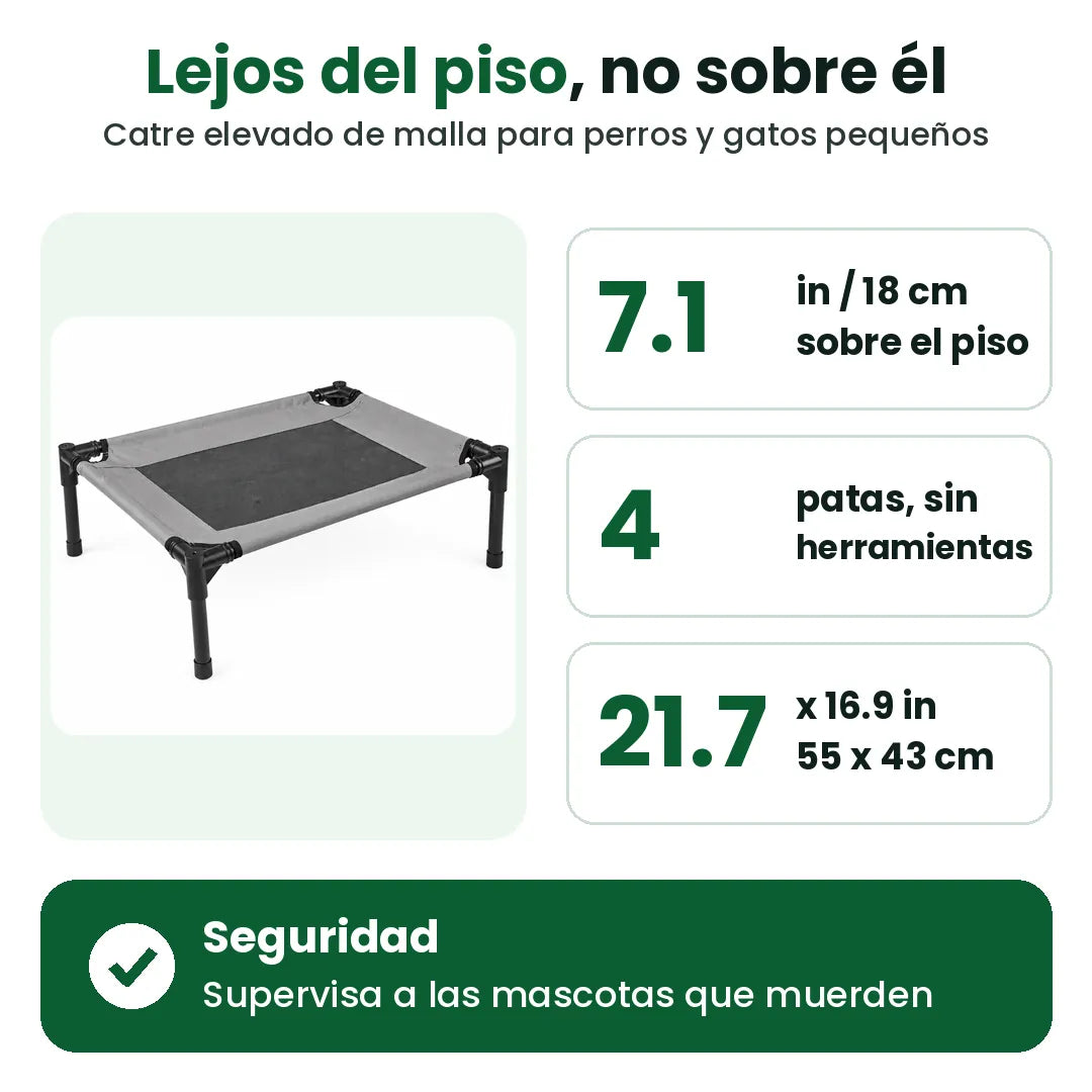 Medidas de la cama elevada para perro: 7.1 in sobre el piso, 21.7 x 16.9 in