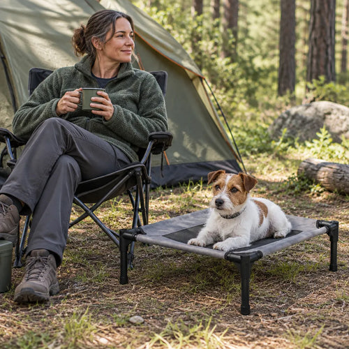 Woman at a campsite with her terrier resting on a raised dog bed