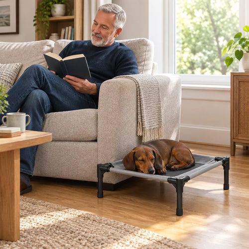 Dachshund napping on an elevated dog bed next to a man reading on the sofa