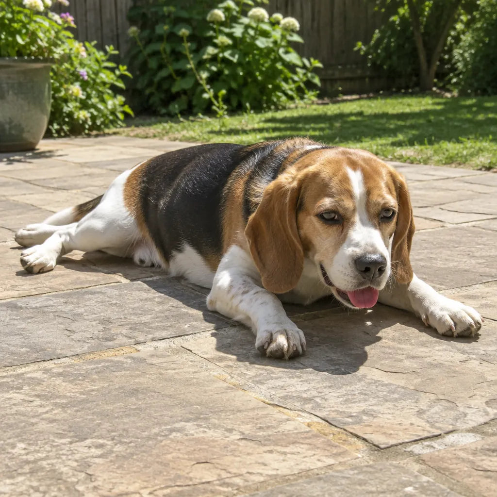 Small dog lying on warm stone patio tiles