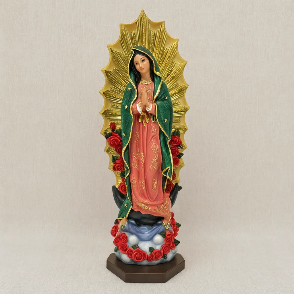 Our Lady of Guadalupe resin statue standing on a linen surface, one statue per order