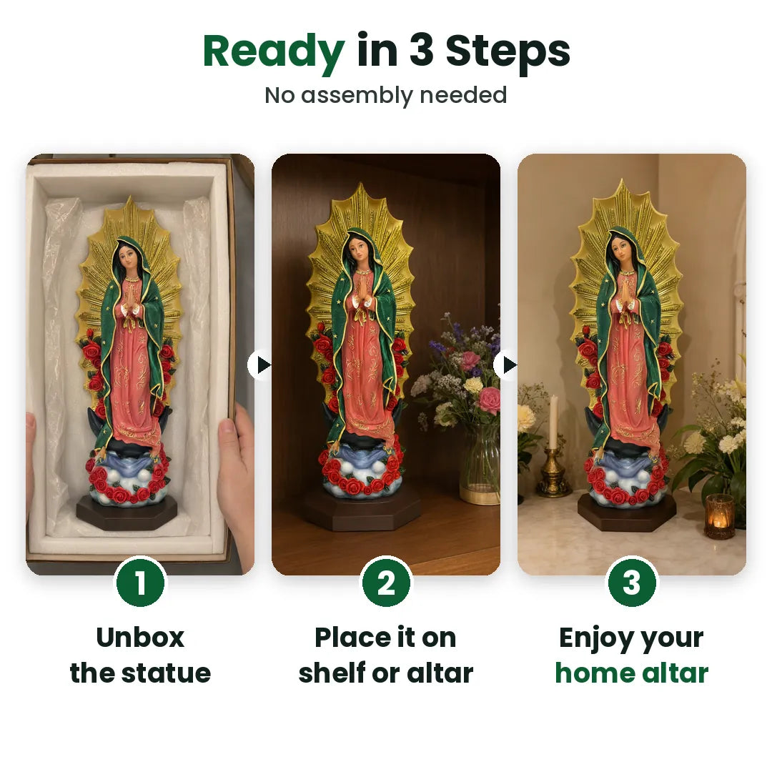 Three steps to display the Our Lady of Guadalupe statue: unbox, place, enjoy